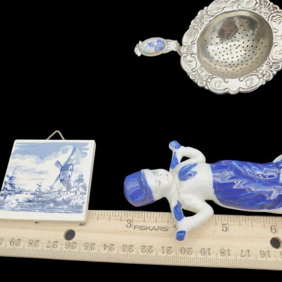 LOT Delft Tea Strainer & Mini Tile Dutch Holland Wooden Shoe, Blue White VTG Tri - Picture 10 of 10